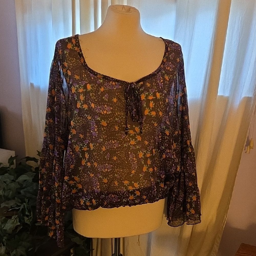 Dots Sheer Floral Blouse - Purple and Orange